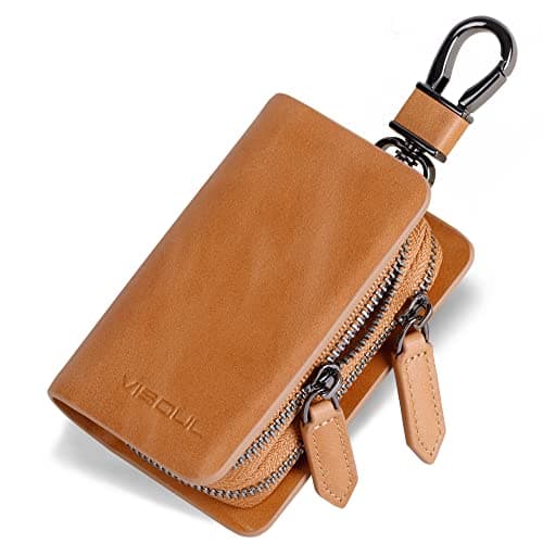 VISOUL Car Key Case Holder Double Zipper, Leather Car Smart Key Fob Case with Keychain for Men and Women-Tan