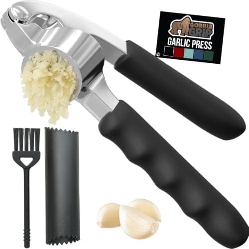 GORILLA GRIP Garlic Press and Peel Set, Heavy Duty Mincer Tool, Large Ergonomic Handle, Easily Mince and Crush Garlics, Ginger, Nuts, Seeds, Peeler Included, Peeling Cloves, Kitchen Gadgets, Black