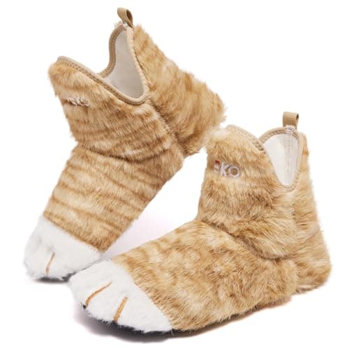 UUBARIS Bootie Slippers for Women Men Cat Paw Warm House Sock Shoes For Indoor Outdoor Travel Khaki 9-10