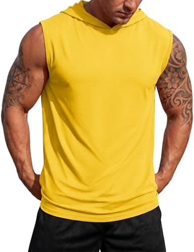 MAGCOMSEN Sleeveless Hoodies for Men UV Protection Moisture Wicking Workout Gym Muscle Hooded Tank Top Yellow M