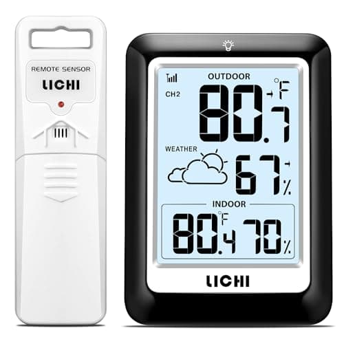 Indoor Outdoor Thermometer Wireless Weather Station, Internal External Thermometer Hygrometer, Home Batteryoperated Temperature Humiditymonitors330 Feet (About 100 Meters) Backlight Display (Black)