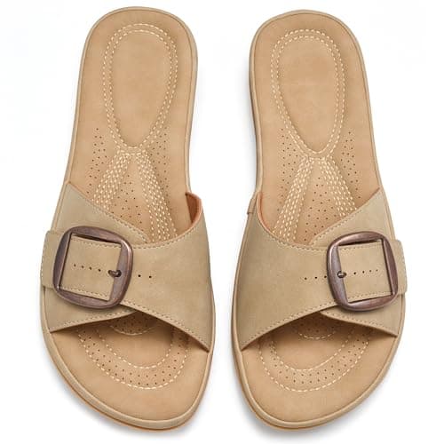 Ecetana Womens Flat Slides Sandals Comfortable with Adjustable Buckle