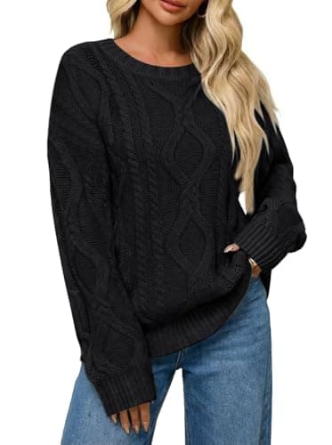LaGracia Women’s Oversized Cable Knit Sweaters Long Sleeve Pullover Crew Neck Fall Winter Sweater Tops Black S