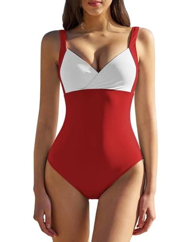 QINSEN One Piece Swimsuit for Women High Waist V Neck Bathing Suit Monokini Red White L