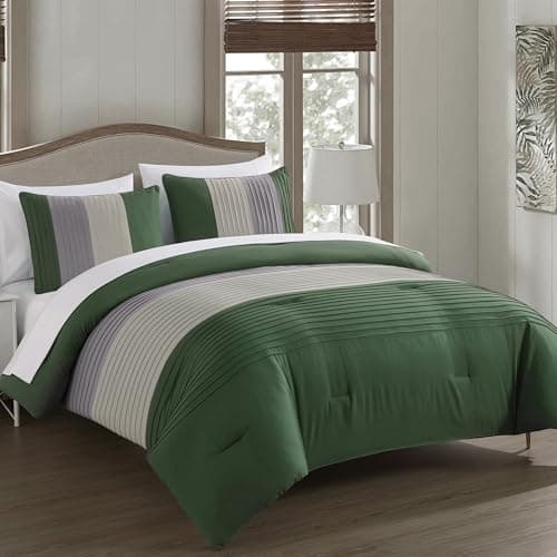 Chezmoi Collection Briar 7-Piece California King Bed in a Bag - All Season Lightweight Microfiber Comforter Set - Includes Sheets & Shams - Forest Green/Gray/Cream Pleated Stripe Design