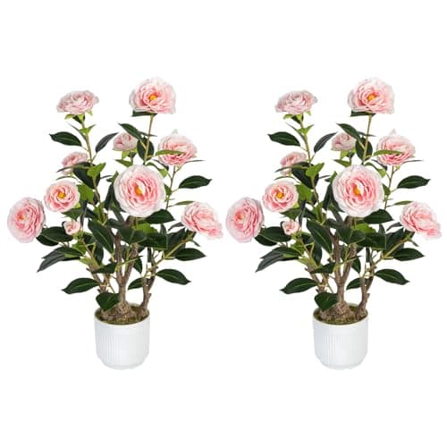 Jcezvnt 2 Pack Artificial Camellia Tree with White Pot, 24" Faux Potted Plants for Indoor Outdoor Decor, Tall Silk Greenery Plant for Home Office Living Room Balcony, Pink