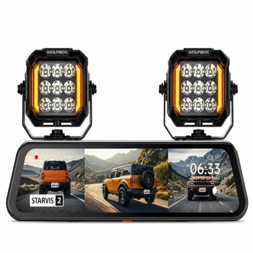 WOLFBOX Off-Road Bundle: G900 Tripro 3-Channel 4K Bumper Mirror Dash Cam (STARVIS 2, 256GB) & 5 Inch LED Pods Driving Lights (IP69K, Amber DRL) for Jeep, Ford, UTV