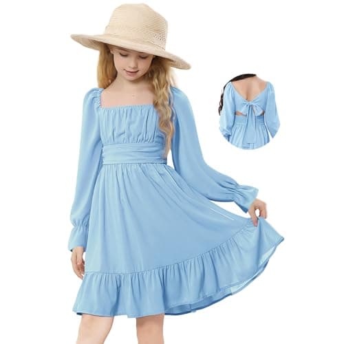 Durio Tie Back Girls Spring Dress Off Shoulder Long Sleeve Girl Dress for Teens Ruffle Summer Dresses for Girl Fall Tween Girls Dresses 08 Light Blue 13-14 Years