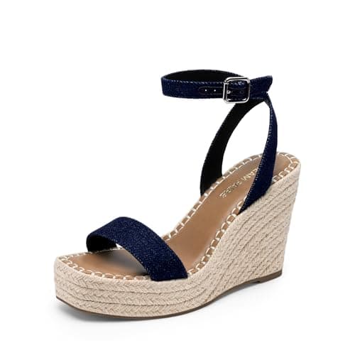 DREAM PAIRS Women's Open Toe Platform Wedge Sandals,Denim,8