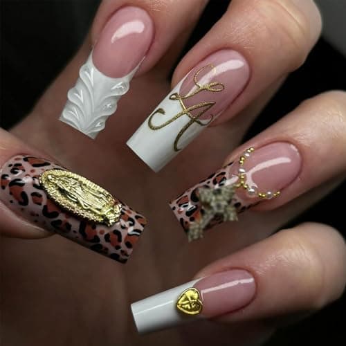 French Tip Press on Nails Long Coffin 3D Cross Fake Nails with Gold Letter Designs Extra Long Fingernails Gel Acrylic Nails Cheetah Glue on Nails Y2K French Stick on Nails for Women 24Pcs