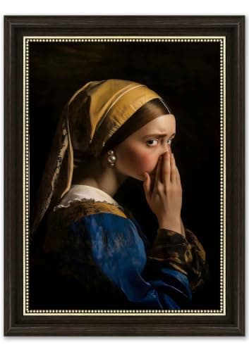 Dark Brown Framed Vintage Funny Bathroom Wall Art Humor Girl With A Pearl Earring Pinching Her Nose Painting Picture Toilet Bad Smell Print Wall Decor Restroom Stink Canvas Poster Decoration 12x16in