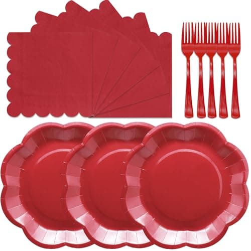 Gudvilla Red Paper Plates and Napkins Sets Party Supplies includes 7 inch Red Plates Disposable Scalloped Paper Napkins Plastic Forks for Birthday Cake Desserts Wedding Shower Valentines Party