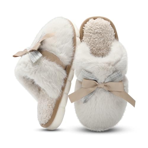 Cute Women's Memory Foam House Slippers- Fuzzy Plush Cozy Shoes with Bow
