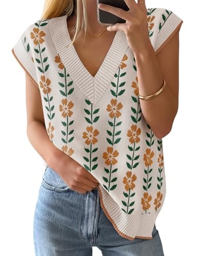 ZESICA Women's Floral V Neck Sleeveless Knit Sweater Vest White L