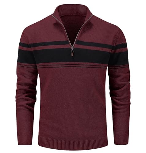 MAGCOMSEN Sweaters for Men Quarter Zip Pullover Warm Sweaters Zip Up Pullover Sweater Winter Golf Sweaters Striped Sweatshirts Wine Red,M