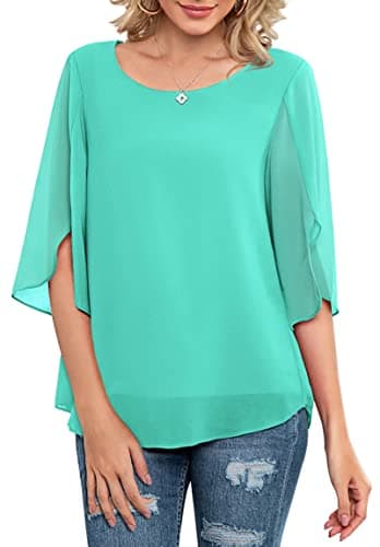 Neineiwu Women's Chiffon Blouse 3/4 Ruffle Sleeve Scoop Neck Loose Fit Top