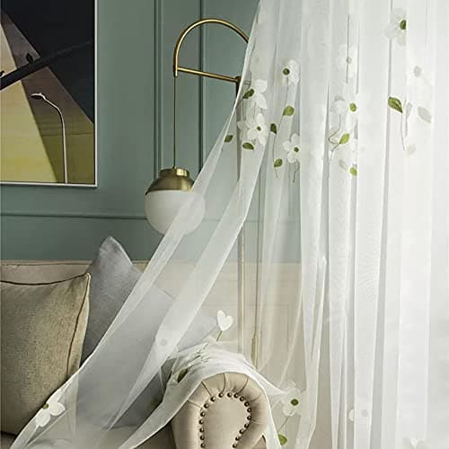 SLOW SOUL Set of 2 Panels White Magnolia Flower Embroidered Sheer Curtains for Bedroom Living Dining Room Window Treatments Drapes Villa Lace Curtain Voile Rod Pocket White 52W X 63 inch Length