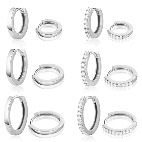 6 Pairs Silver Huggie Hoop Earrings Set for Women Cubic Zirconia 18K White Gold Filled Small Hoops Earrings Hypoallergenic Lightweight Cartilage Earrings Sets Multiple Piercing 8mm/10mm/12mm