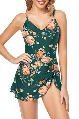Husmeu Skirted Swimsuits for Women Tummy Control One Piece Bathing Suits for Women Modest Full Coverage Plus Size Swimdress Swimwear Dress L