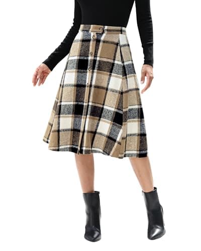 luvamia Plaid Skirts for Women Midi Length High Waisted Button Down A Line Fall Winter Elastic Waist Skirt with Pockets Brown Plaid Skirt Brown Plaid Size Medium Fits US 8-10