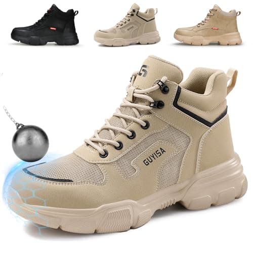 Dumsiyin Mens Steel Toe Shoes for Men, Comfortable Breathable Safety Steel Toe Shoes, Lightweight Work Shoes for Warehouse Factory Beige