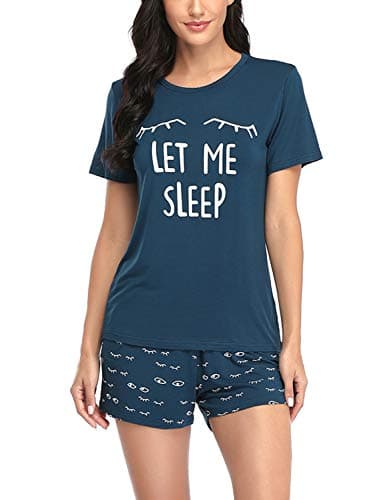 EISHOPEER Women's Closed Eyes Print Pajama Set Tee and Shorts Pjs Sets Peacock Blue L