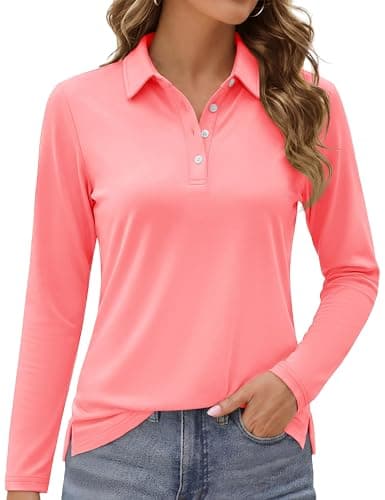 MAGCOMSEN Womens Long Sleeve Polo Golf Shirts UPF 50 Quick Dry Shirts for Women Long Sleeve Activewear Cooling Pink,S