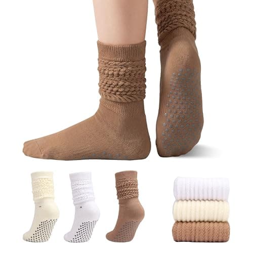 RTZAT 3 Pack Pilates Grip Socks for Women – Non Slip Yoga Socks with Dense Silicone Dots, Slouch Knee High Sticky Barre Socks, Cotton Anti Skid Studio Socks Cream+Khaki+Whit M