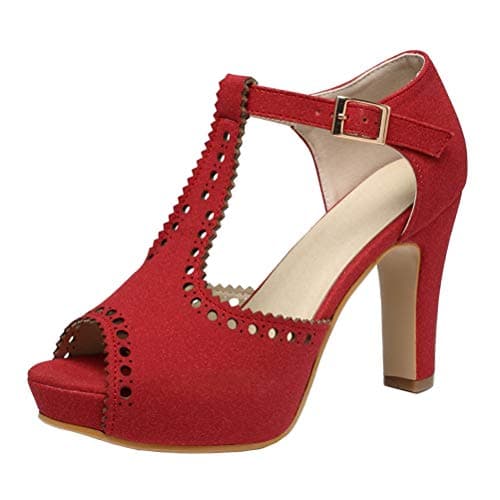 getmorebeauty Women's Red Vintage Suede Ankle T Straps Dress Block Heeled Sandals Pumps (US 5, Red)