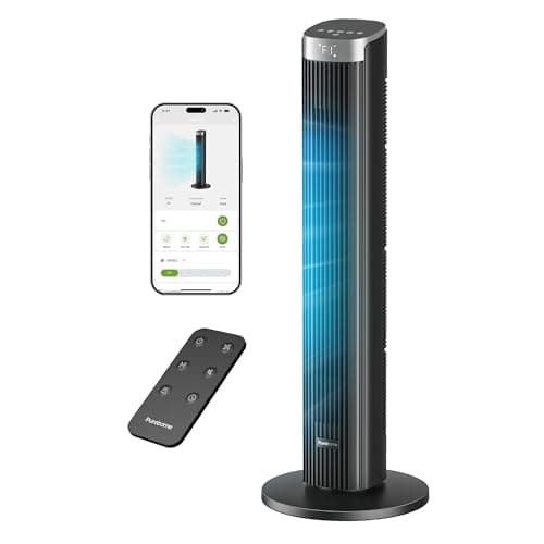 Pureborne Tower Fan for Bedroom, 36" Smart Standing Fan with 90° Oscillating, APP & Voice Control, LED Display, 4 Modes 4 Speeds up to 25ft/s, 12H Timer, 23dB Quiet Fan for Cooling Home 1Pack, Black