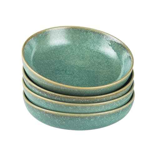 HENXFEN LEAD Pasta Bowls 27 Oz, Ceramic Salad Serving Bowls Set of 4 - Wide and Shallow Bowls for Soup, Pasta Plates, Microwave Dishwasher Safe - Reactive Green