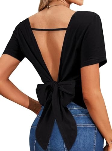 LilyCoco Backless Tops for Women Short Sleeve Sexy Crew Neck Tie Back Plain Shirt Black X-Small