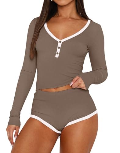 REVETRO 2026 Spring Womens Pajama Sets Sexy PJ Shorts Set Y2K Pajamas Long Sleeve Lounge Set Sleepwear with Button Brown XS