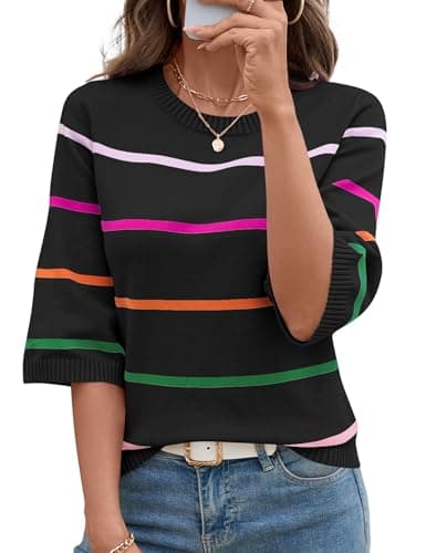 LOMON Lightweight Sweaters for Women 2025 Fall Trendy Crew Neck Striped Bell 3/4 Sleeve Tops Soft Knit Pullover Sweater, L
