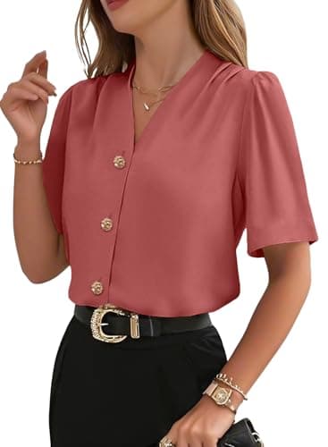 EVALESS Business Casual Tops for Women Summer Short Sleeve V Neck Button Down Shirts Work Office Blouses Mineral Red L