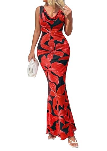 PRETTYGARDEN Women's Spring Formal Wedding Guest Dress 2026 Cowl Neck Summer Vacation Outfits Polka Dot Floral Maxi Dresses(Black Red Flower,X-Small)