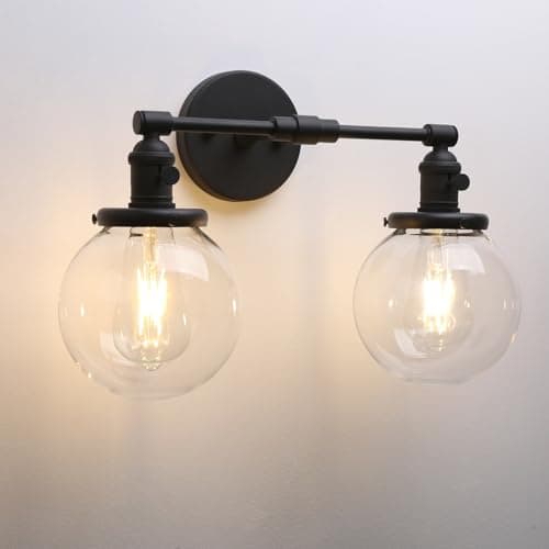 Phansthy Industrial Wall Sconce Hardwired Black Double Wall Light with 5.9 Inches Globe Lampshade, Modern Wall Lamp Wall Decor Light Fixtures for Bathroom Mirror Living Room Hallway Bedroom (Black)