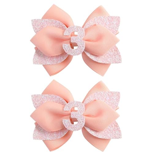 Pink Birthday Hair Bow for Baby Girls - 2Pcs Peach-pink Sprinkle Hair Clips for 3rd Birthday Glitter Baby Bow Party Decorations for Girls Toddlers Hair Accessories
