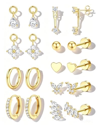 Jstyle Hypoallergenic Flat Back Earrings for Women Trendy - 14K Gold Plated Cartilage Earring Stacks Small Surgical Steel Stud Hoop Earring Sets for Multiple Piercing with CZ Charm Gold Plated