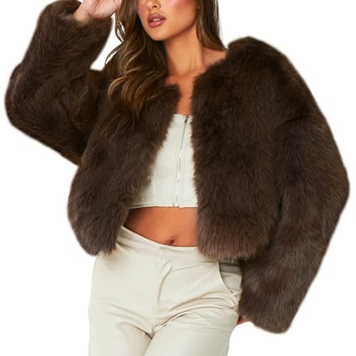 Flygo Women Faux Fur Coat Fluffy Long Sleeve Open Front Cropped Furry Jacket Shaggy 2025 Warm Winter Outwear with Pockets(Brown-XL)