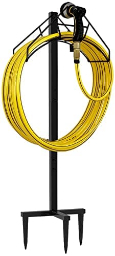 Artigarden Freestanding Garden Hose Holder Hanger, Heavy Duty Metal Water Hose Reel Storage Stand Rack for Yard Lawn, Bright Black (Hose not Included)