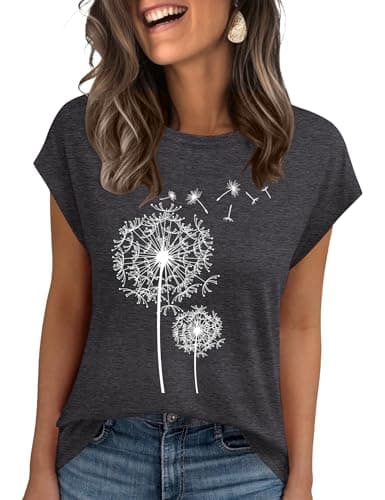 Women's T-Shirts Dandelion Print Cap Sleeve Round Neck Tee Cute Graphic Shirts Summer Tops(Dark Gray Dandelion,S)