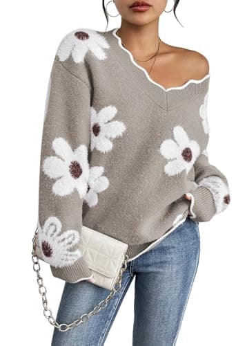 Pink Queen Fall V Neck Oversized Pullover Fuzzy Sweater for Women Taupe M