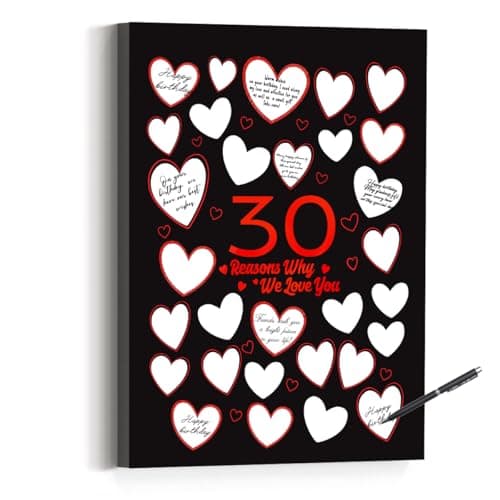 30 Reason Why We Love You,30th Birthday Wall Decor,Birthday Gifts for Women Men,Guest Canvas 30th Anniversary or Birthday Party Favors Decoration-11x15 Inches (Black Red)