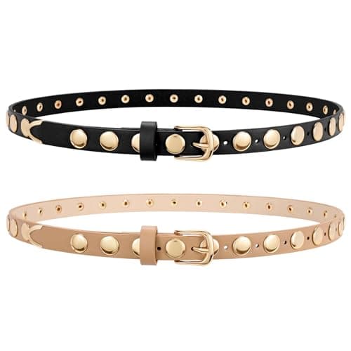WERFORU 2 Pack Women Skinny Studded Belt Fashion Leather Waistbelts for Women Black Studded Belt for Jeans Pants Dresses 0.71" Width,Black+Khaki-Gold,21"-25" Waist Adjustable