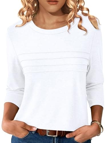 NORACORA 3/4 Sleeve T Shirts for Women Pleated Dressy Crew Neck Casual Business Blouses Trendy Fashion Tunic Basic Tops White S