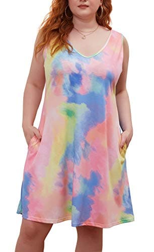Women's Sleeveless Tie Dye Print Midi Tank Dress Plus Size 2XL Casual Swing T-Shirt Dresses with Pockets