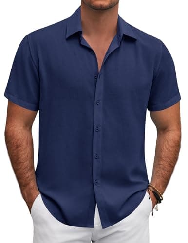 COOFANDY Mens Linen Shirts Short Sleeve Lightweight Casual Button Down Shirt for Seaside Vacation Blue Violet