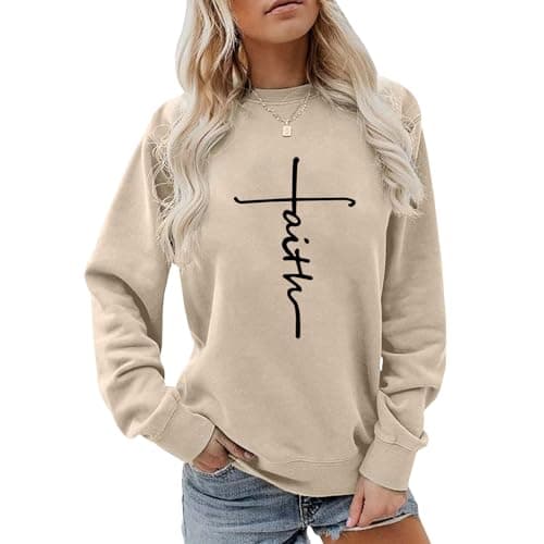YITAN Faith Women Graphic Oversized Sweaters Drop Shoulder Sweatshirts Apricot Medium