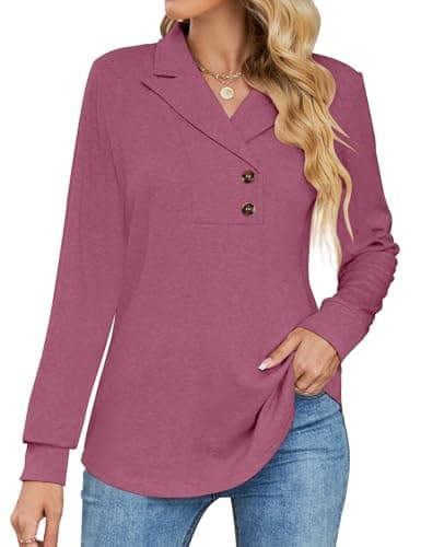 Micoson Womens Long Sleeve Button Lapel Tunic Tops V Neck Swing Sweatshirt